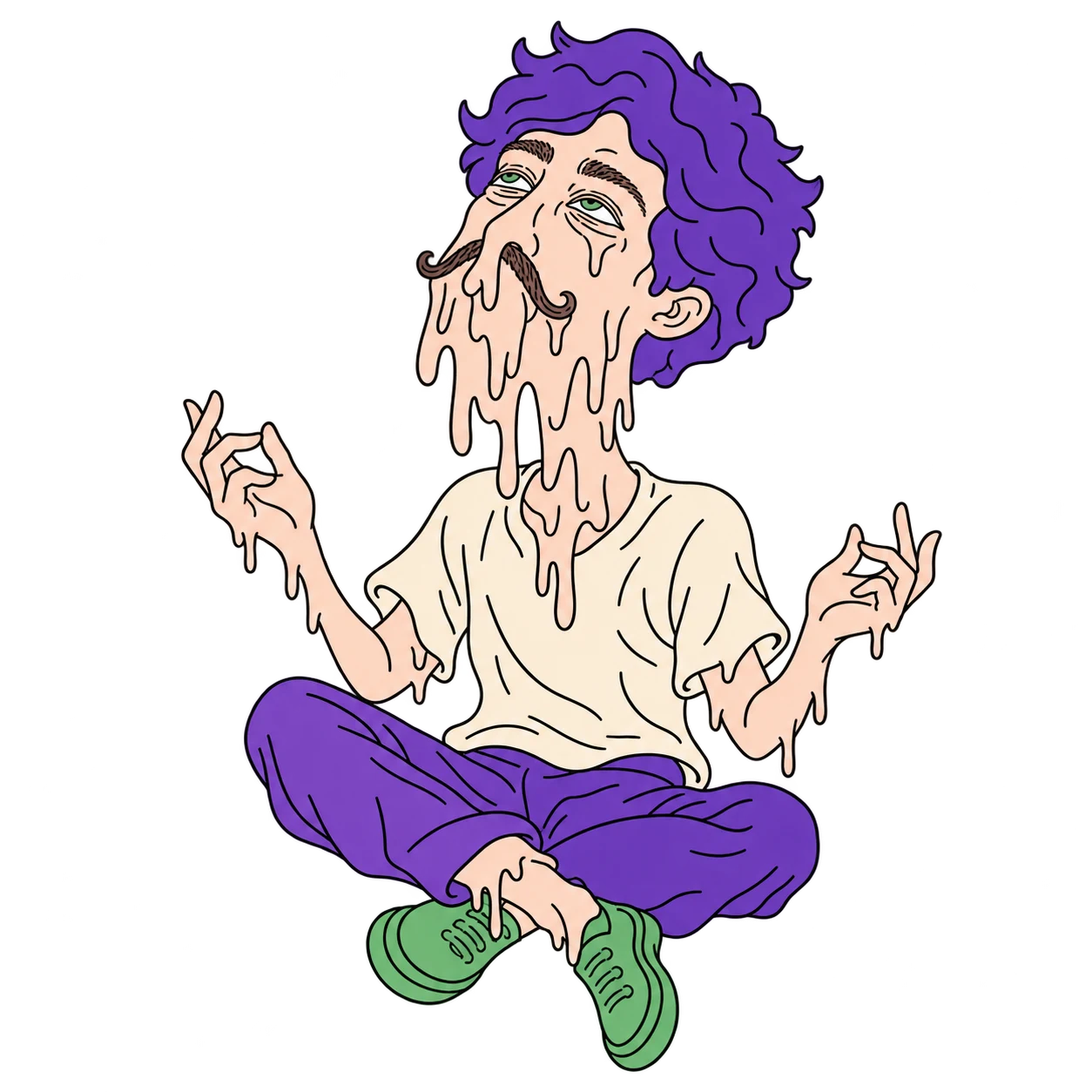Meltache floating cross-legged, head tilted up and both hands raised