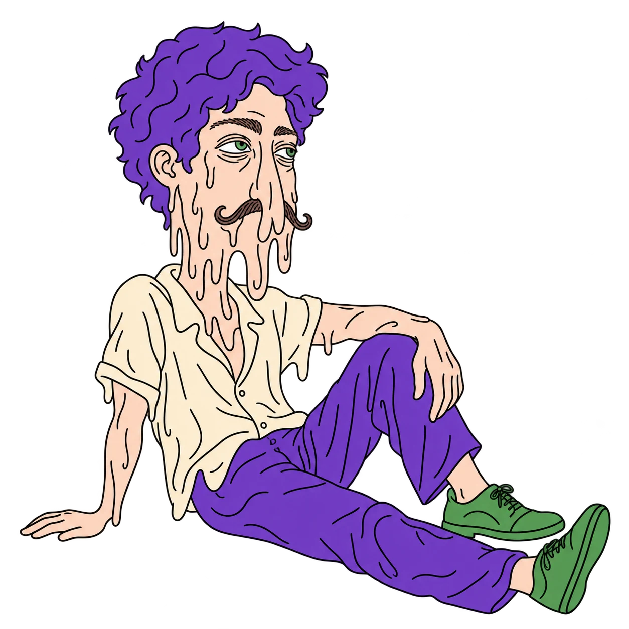 Meltache sitting sideways and looking right, with a raised knee and melting cheeks