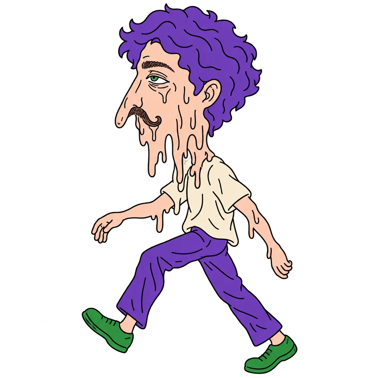Meltache walking left, his peach face dripping beneath purple hair